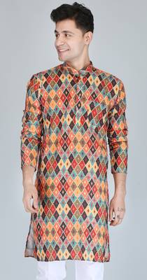 Men rust printed cotton blend kurtas 1