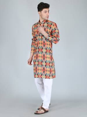 Men rust printed cotton blend kurtas 2