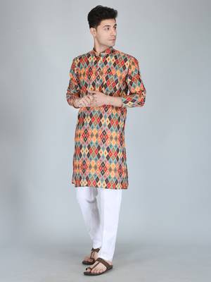 Men rust printed cotton blend kurtas 3