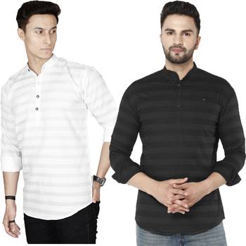 Men white and black striped cotton blend kurtas 1
