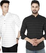 Men white and black striped cotton blend kurtas