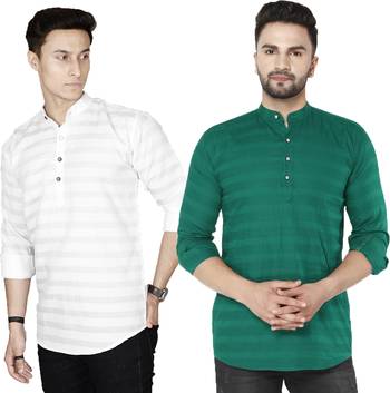 Men white and green striped cotton blend kurtas 1