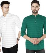 Men white and green striped cotton blend kurtas