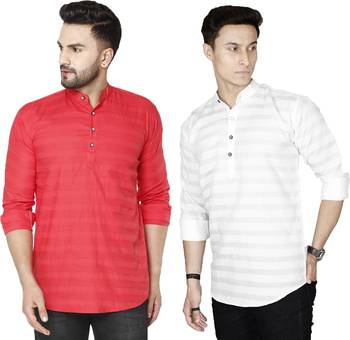Men red and white striped cotton blend kurtas 1