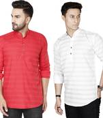 Men red and white striped cotton blend kurtas