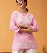 Hand Embroidered Pink Muslin Lucknowi Chikankari Short Kurti 