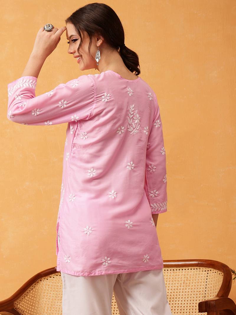 Hand Embroidered Pink Muslin Lucknowi Chikankari Short Kurti 