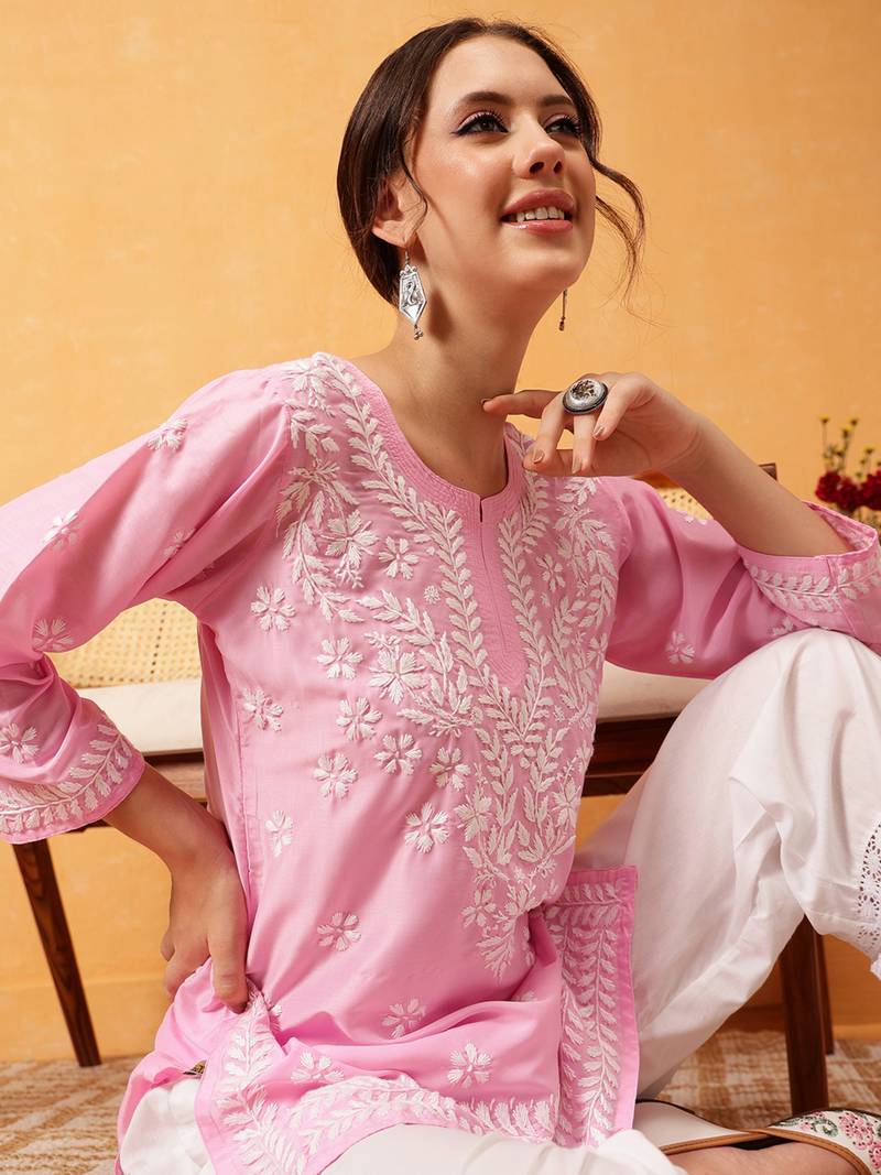 Hand Embroidered Pink Muslin Lucknowi Chikankari Short Kurti 