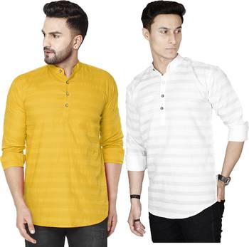 Men white and yellow striped cotton blend kurtas 1