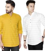 Men white and yellow striped cotton blend kurtas