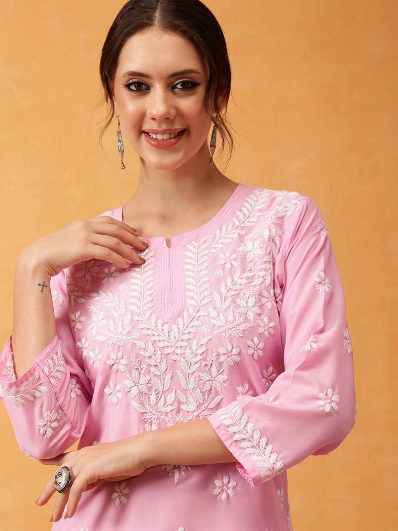 Hand Embroidered Pink Muslin Lucknowi Chikankari Short Kurti 