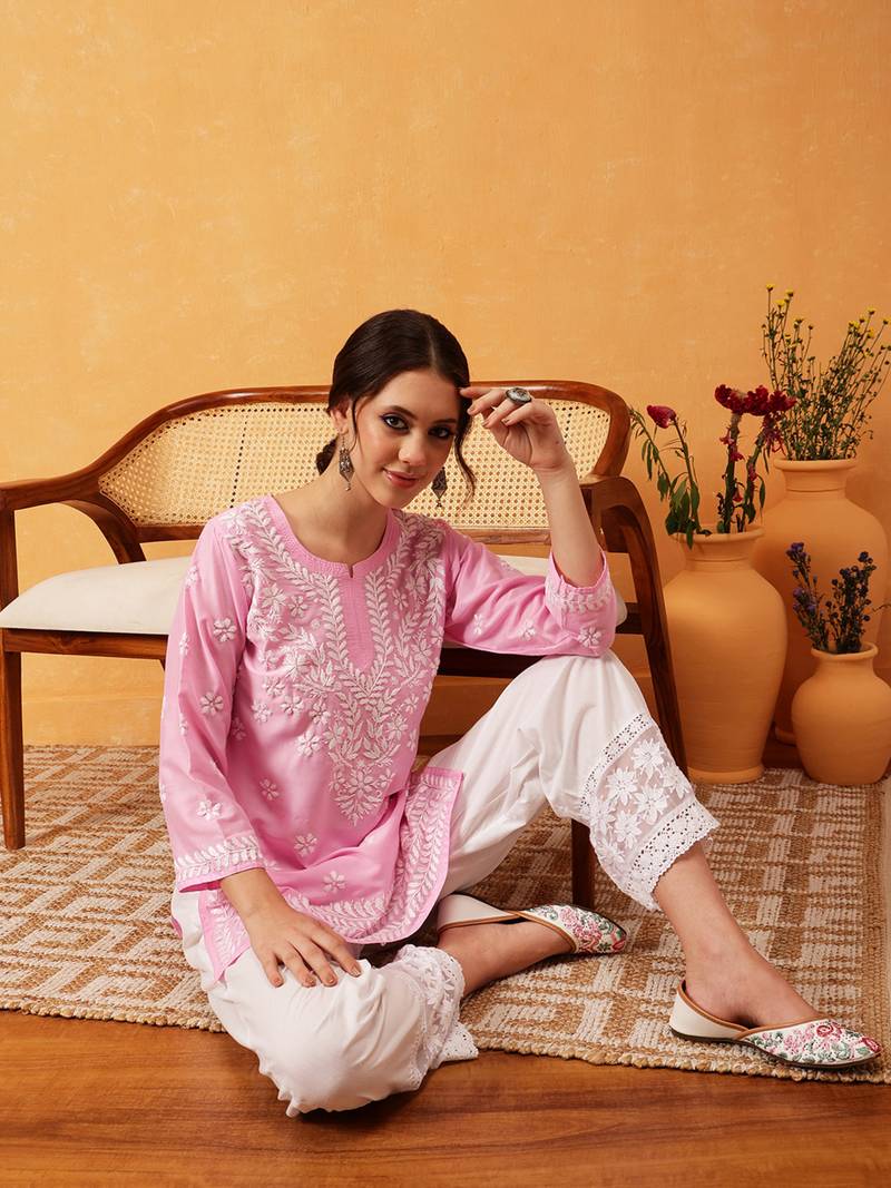 Hand Embroidered Pink Muslin Lucknowi Chikankari Short Kurti 