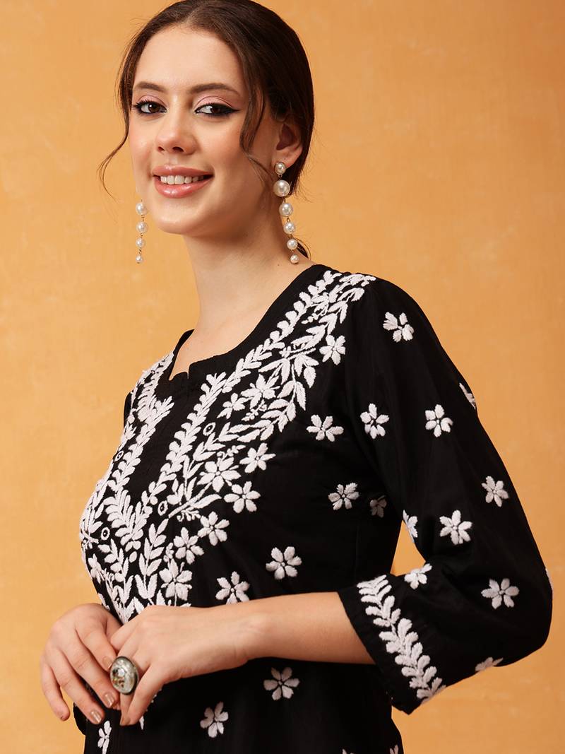 Hand Embroidered Black Muslin Lucknowi Chikankari Short Kurti 