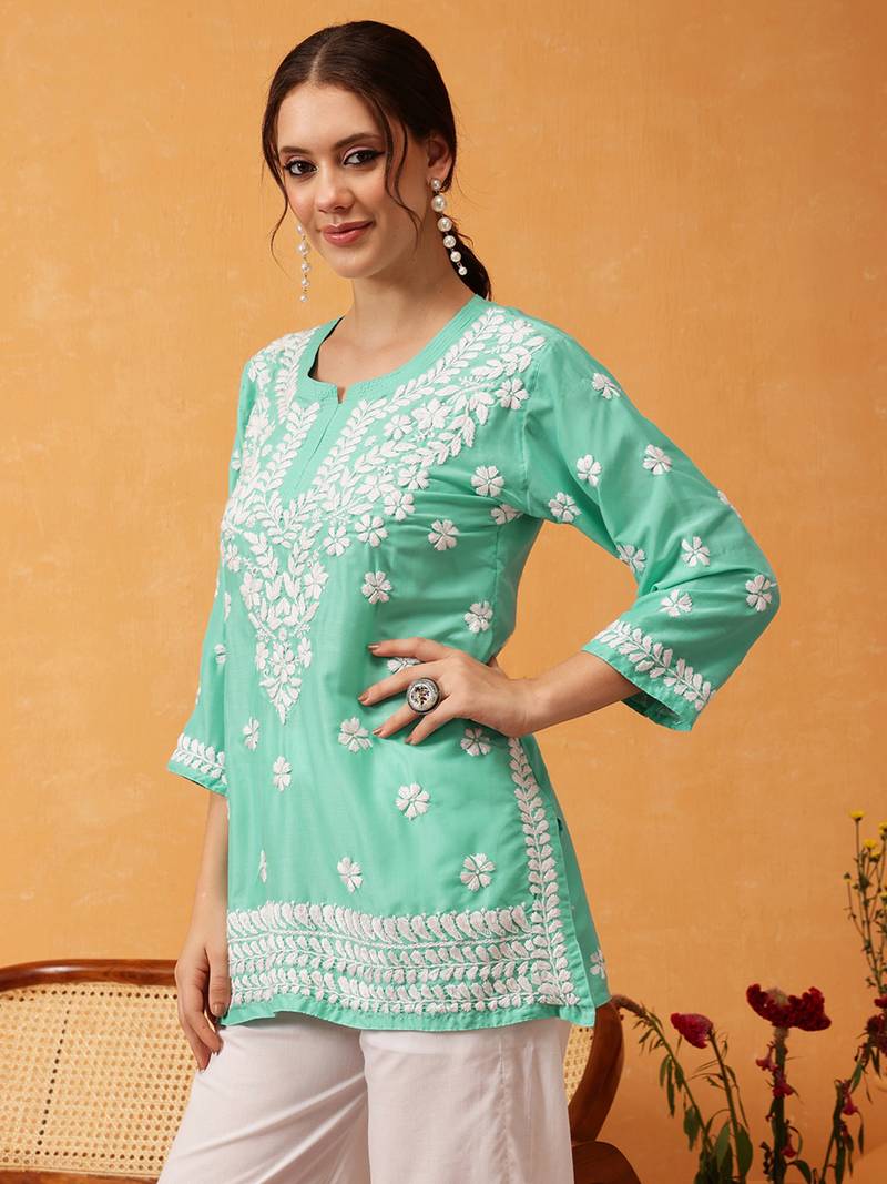 Hand Embroidered Sea Green Muslin Lucknowi Chikankari Short Kurti 