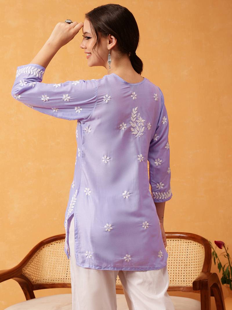 Hand Embroidered Mauve Muslin Lucknowi Chikankari Short Kurti 