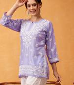 Hand Embroidered Mauve Muslin Lucknowi Chikankari Short Kurti 