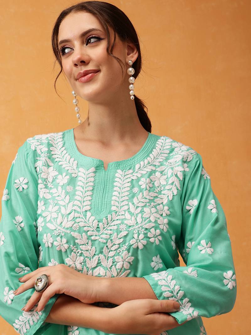 Hand Embroidered Sea Green Muslin Lucknowi Chikankari Short Kurti 