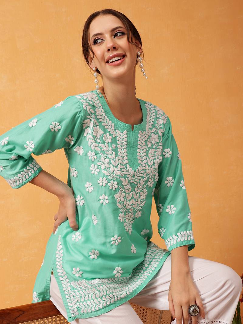Hand Embroidered Sea Green Muslin Lucknowi Chikankari Short Kurti 