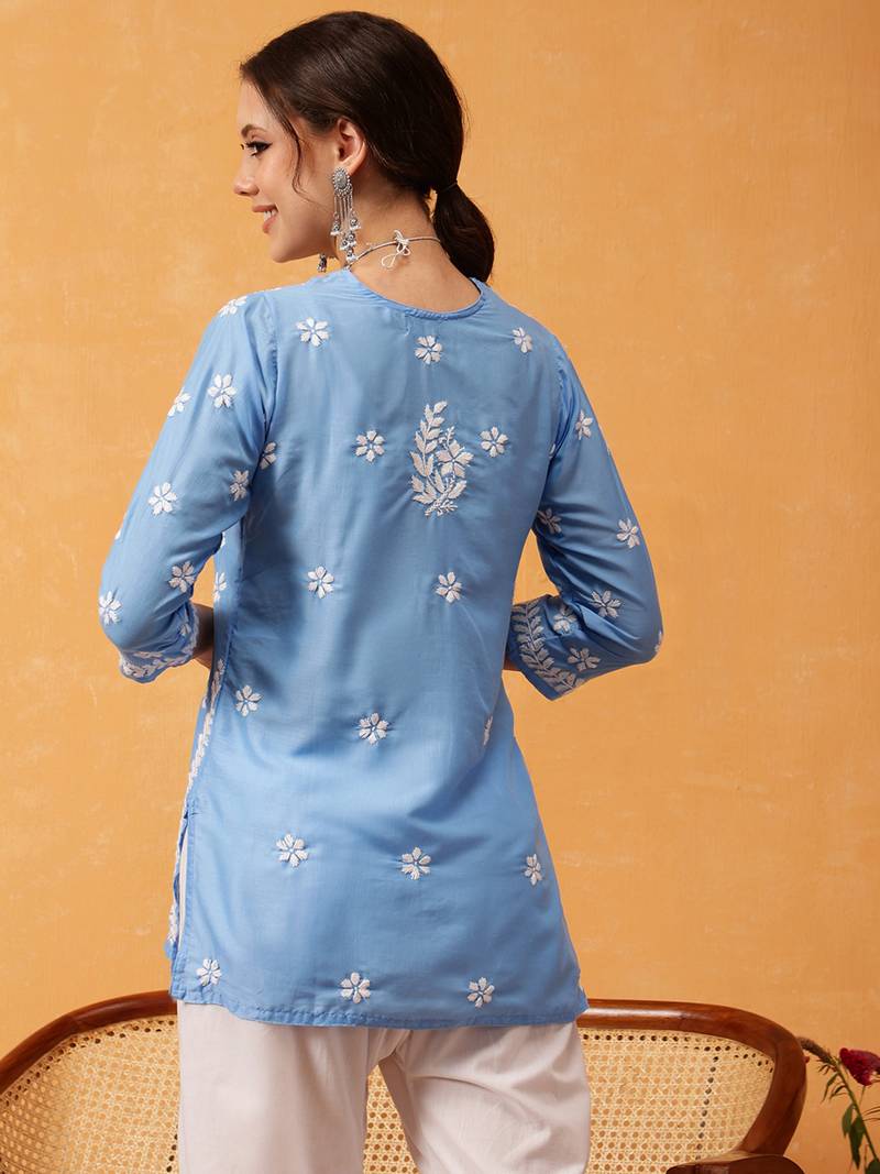 Hand Embroidered Ink Blue Muslin Lucknowi Chikankari Short Kurti 