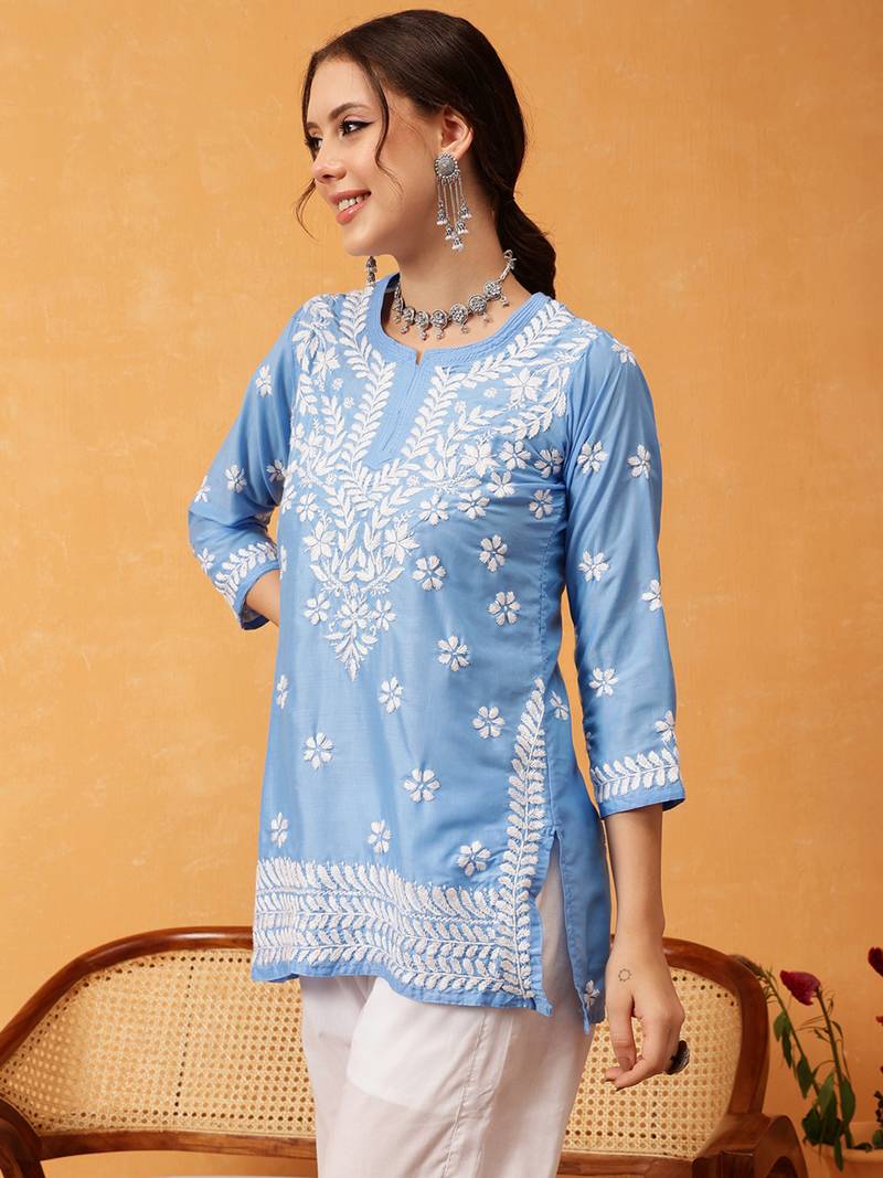 Hand Embroidered Ink Blue Muslin Lucknowi Chikankari Short Kurti 
