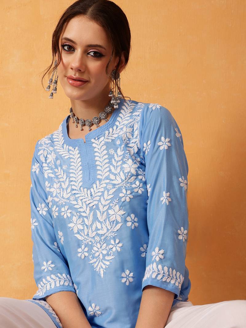 Hand Embroidered Ink Blue Muslin Lucknowi Chikankari Short Kurti 