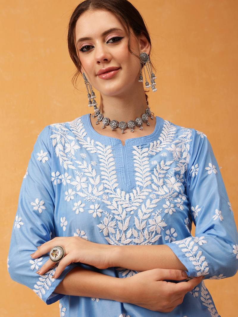 Hand Embroidered Ink Blue Muslin Lucknowi Chikankari Short Kurti 