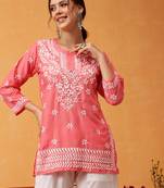 Hand Embroidered Carrot Pink Muslin Lucknowi Chikankari Short Kurti 