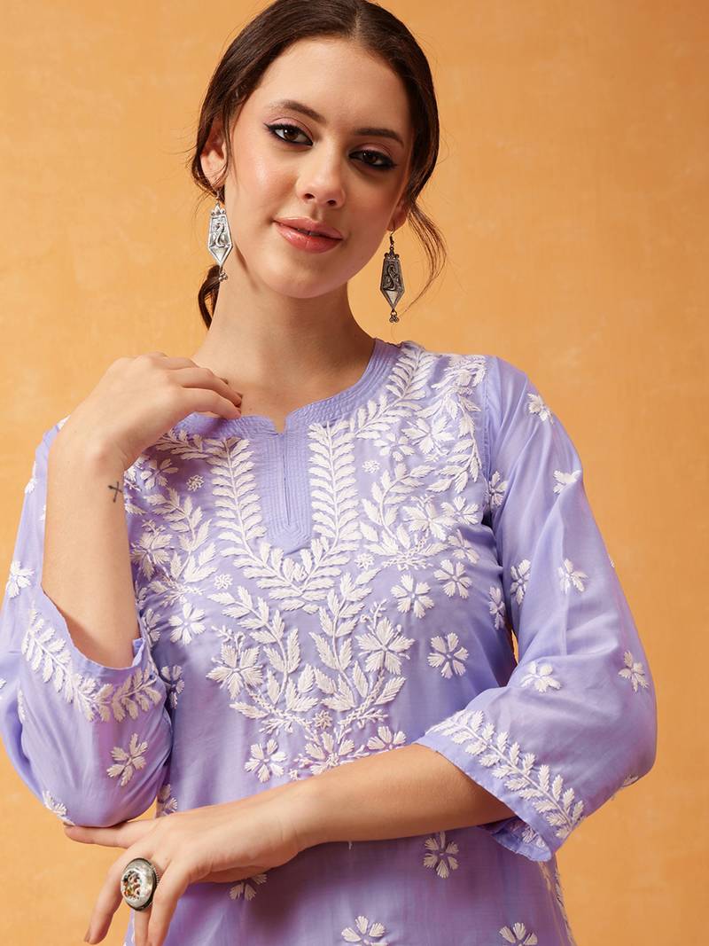 Hand Embroidered Mauve Muslin Lucknowi Chikankari Short Kurti 
