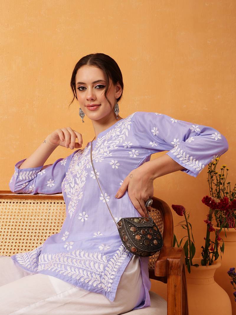 Hand Embroidered Mauve Muslin Lucknowi Chikankari Short Kurti 