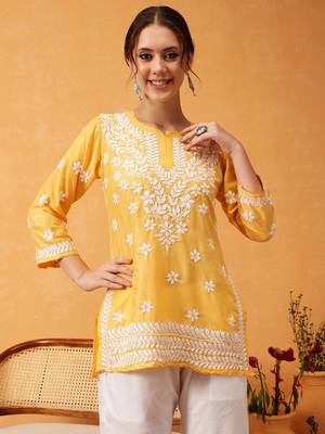 Hand Embroidered Yellow Muslin Lucknowi Chikankari Short Kurti  1