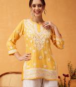 Hand Embroidered Yellow Muslin Lucknowi Chikankari Short Kurti 