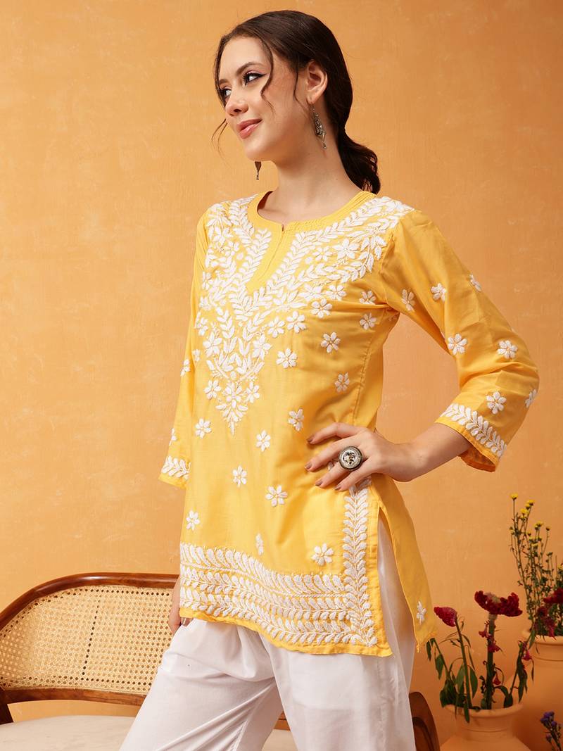 Hand Embroidered Yellow Muslin Lucknowi Chikankari Short Kurti 
