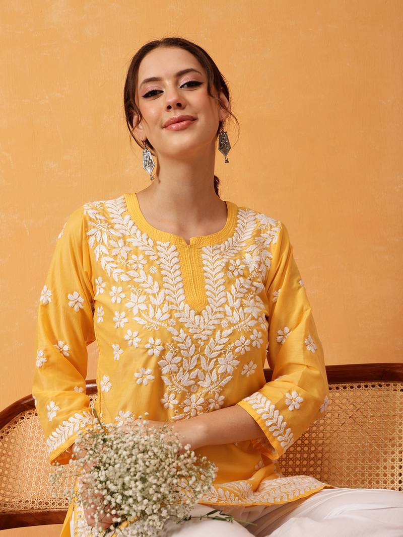 Hand Embroidered Yellow Muslin Lucknowi Chikankari Short Kurti 