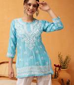 Hand Embroidered Blue Muslin Lucknowi Chikankari Short Kurti 