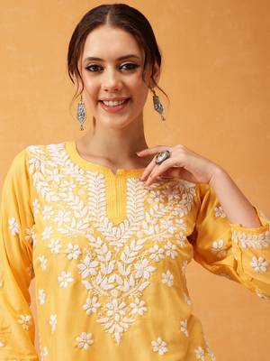 Hand Embroidered Yellow Muslin Lucknowi Chikankari Short Kurti  5
