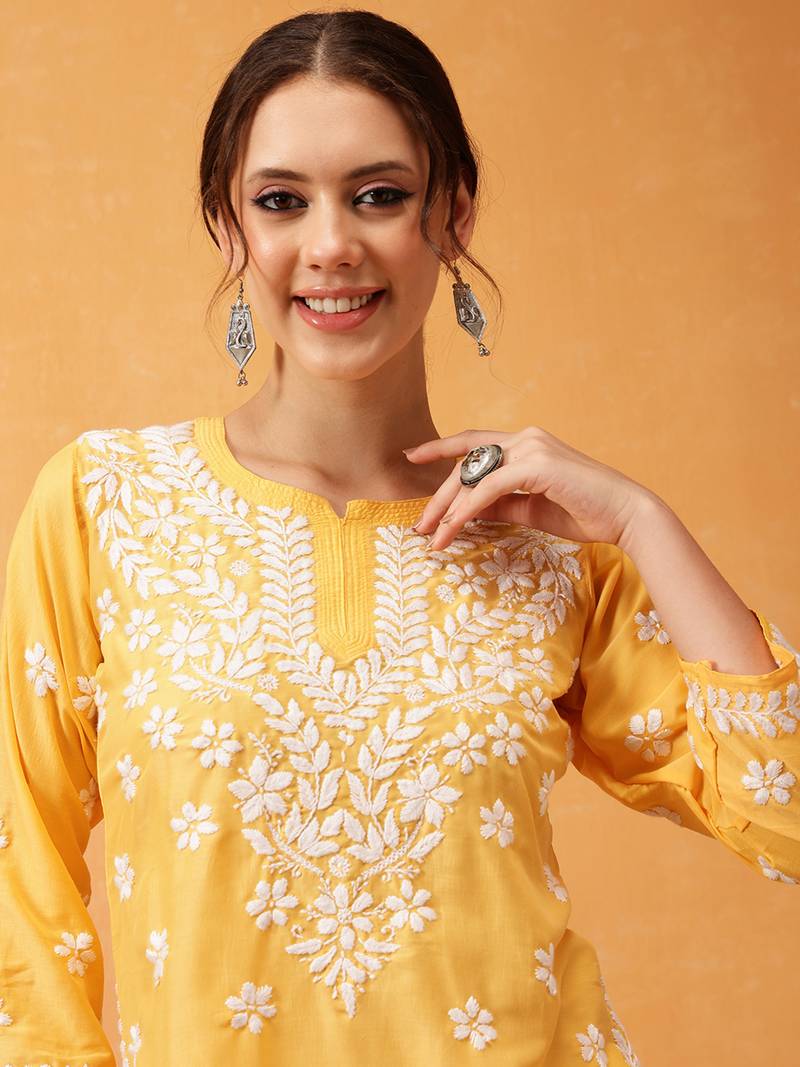 Hand Embroidered Yellow Muslin Lucknowi Chikankari Short Kurti 