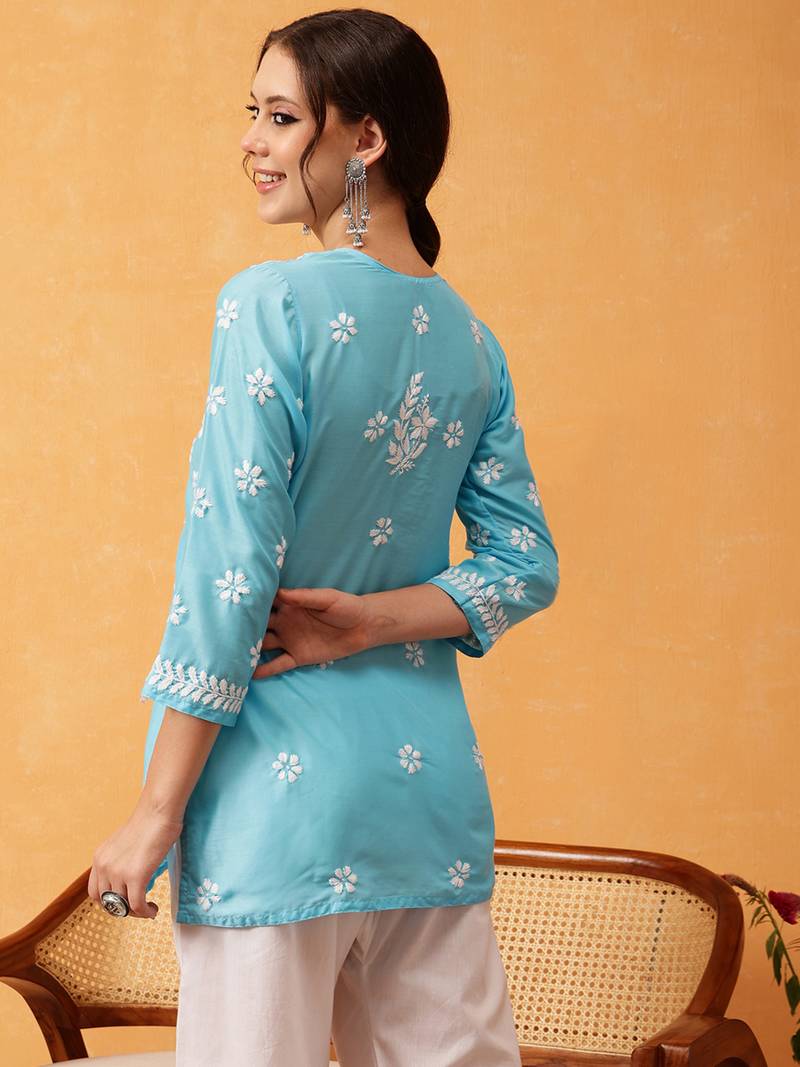 Hand Embroidered Blue Muslin Lucknowi Chikankari Short Kurti 