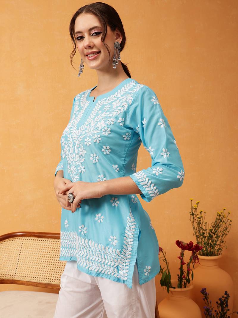 Hand Embroidered Blue Muslin Lucknowi Chikankari Short Kurti 