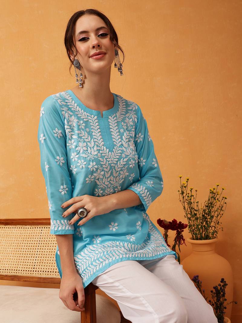 Hand Embroidered Blue Muslin Lucknowi Chikankari Short Kurti 