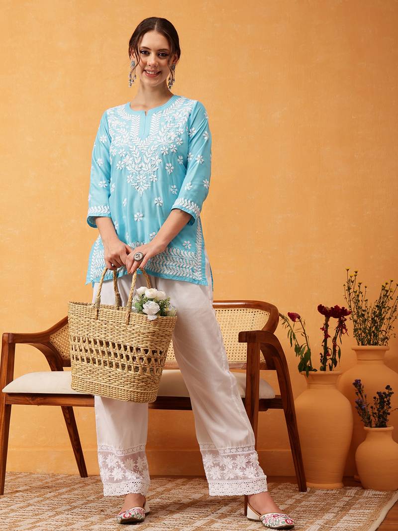 Hand Embroidered Blue Muslin Lucknowi Chikankari Short Kurti 