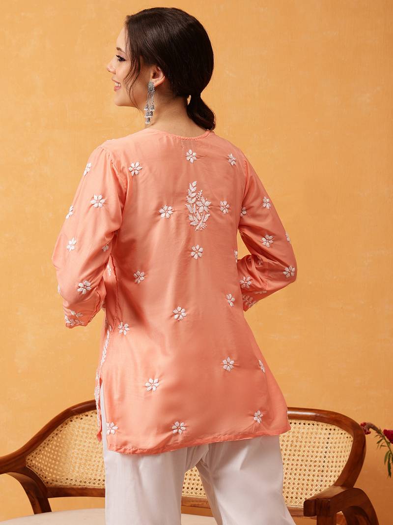 Hand Embroidered Peach Muslin Lucknowi Chikankari Short Kurti 