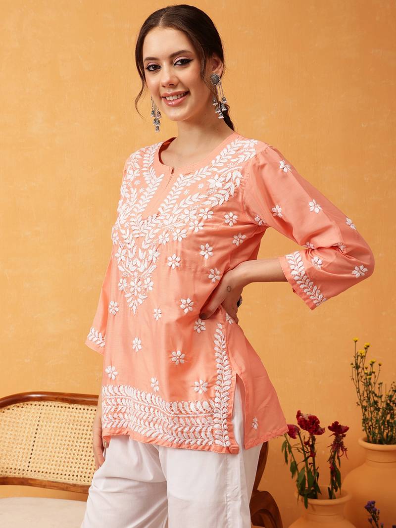 Hand Embroidered Peach Muslin Lucknowi Chikankari Short Kurti 