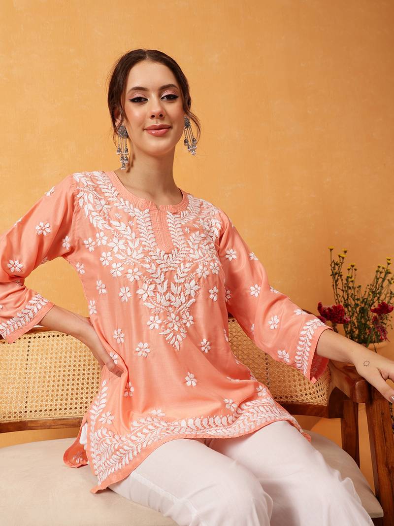 Hand Embroidered Peach Muslin Lucknowi Chikankari Short Kurti 