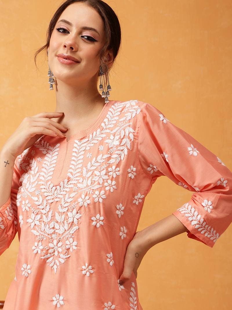 Hand Embroidered Peach Muslin Lucknowi Chikankari Short Kurti 