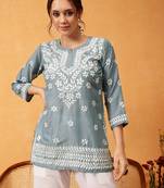 Hand Embroidered Grey Muslin Lucknowi Chikankari Short Kurti 