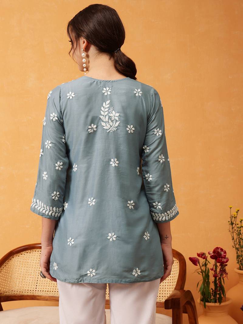 Hand Embroidered Grey Muslin Lucknowi Chikankari Short Kurti 