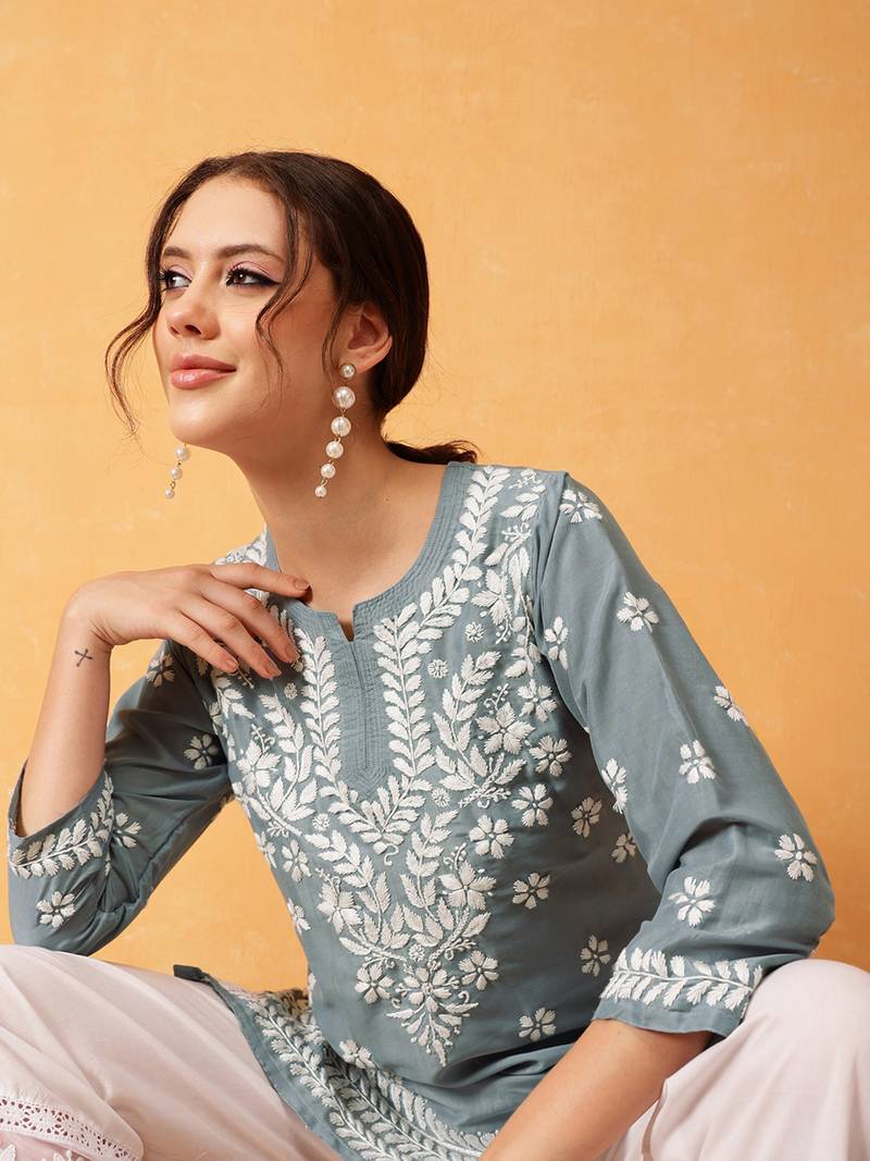 Hand Embroidered Grey Muslin Lucknowi Chikankari Short Kurti 