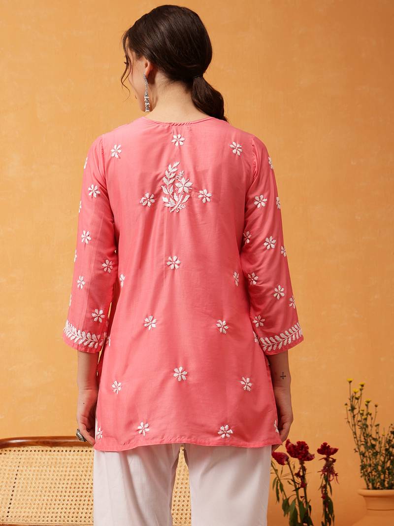 Hand Embroidered Carrot Pink Muslin Lucknowi Chikankari Short Kurti 
