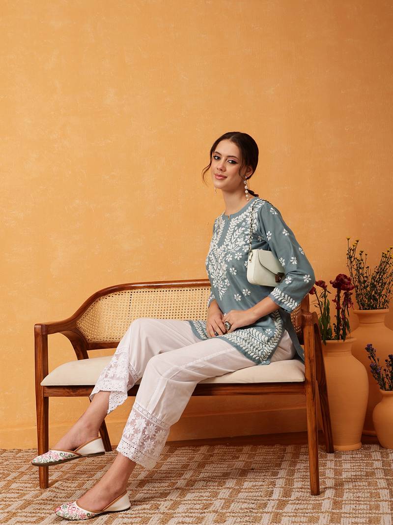 Hand Embroidered Grey Muslin Lucknowi Chikankari Short Kurti 