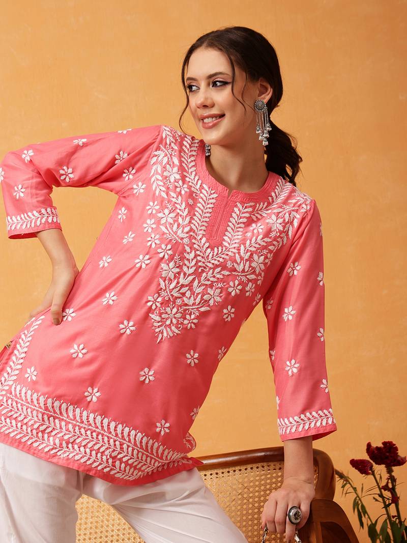 Hand Embroidered Carrot Pink Muslin Lucknowi Chikankari Short Kurti 